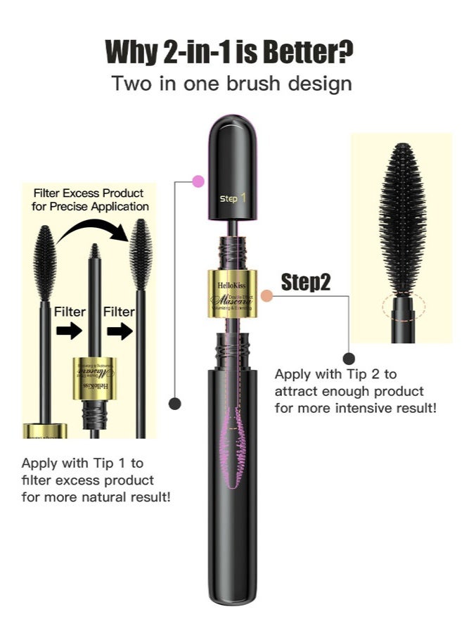 HelloKiss 2-in-1 Mascara Lash Princess False Lash Effect Mascara Extreme Black Extension & Long Lasting Volumizing Lashes Smudge Proof Long Lasting - Image 3